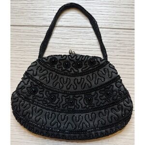 Sharonee Kiss Lock‎ Small Black Beaded Satin Lined Purse Handbag W Beaded Strap